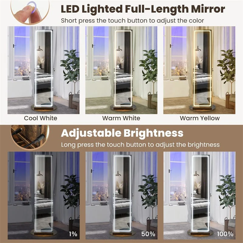 Eletriclife 360° Swivel Jewelry Cabinet Armoire with Full Length Mirror & 3-Color LED Lights