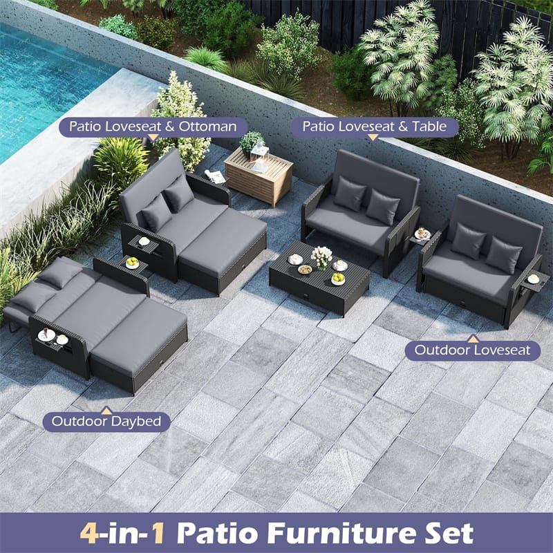 Eletriclife Patio Rattan Daybed Outdoor Wicker Loveseat Sofa with 4-Level Adjustable Backrest & Storage Ottoman