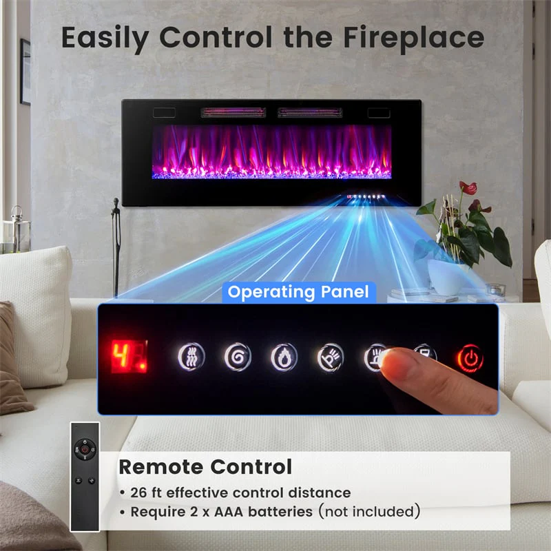 Eletriclife 42/50/60/72 Inch Ultra-Thin Smart Electric Fireplace Insert Wall Mount & Recessed Heater with Decorative Crystals