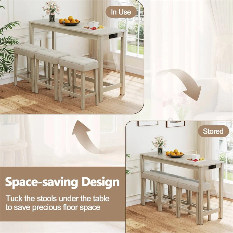 Eletriclife 59" 4-Piece Bar Table Set with Charging Station & 3 Padded Stools for Kitchen & Small Spaces