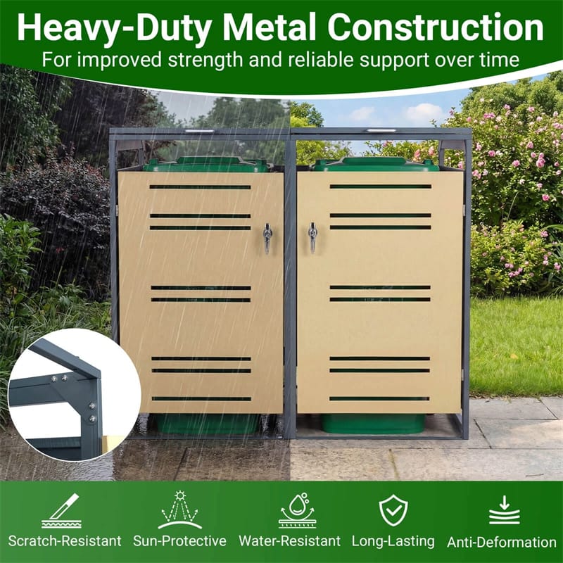 Eletriclife 44 Cu.Ft Outdoor Metal Trash Can Storage Shed Double Garbage Can Enclosure with Gas Strut & Shock Absorber for Patio, Garden & Backyad