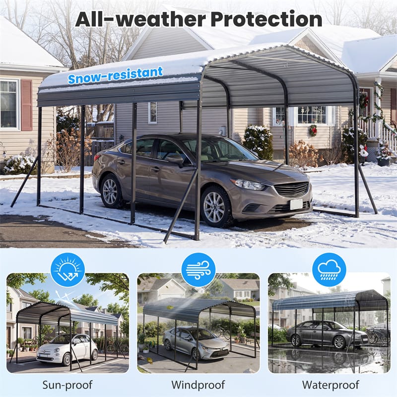 Eletriclife Heavy-Duty Galvanized Steel Carport Hardtop Garage Shelter with Leak-proof Roof & Slant Legs
