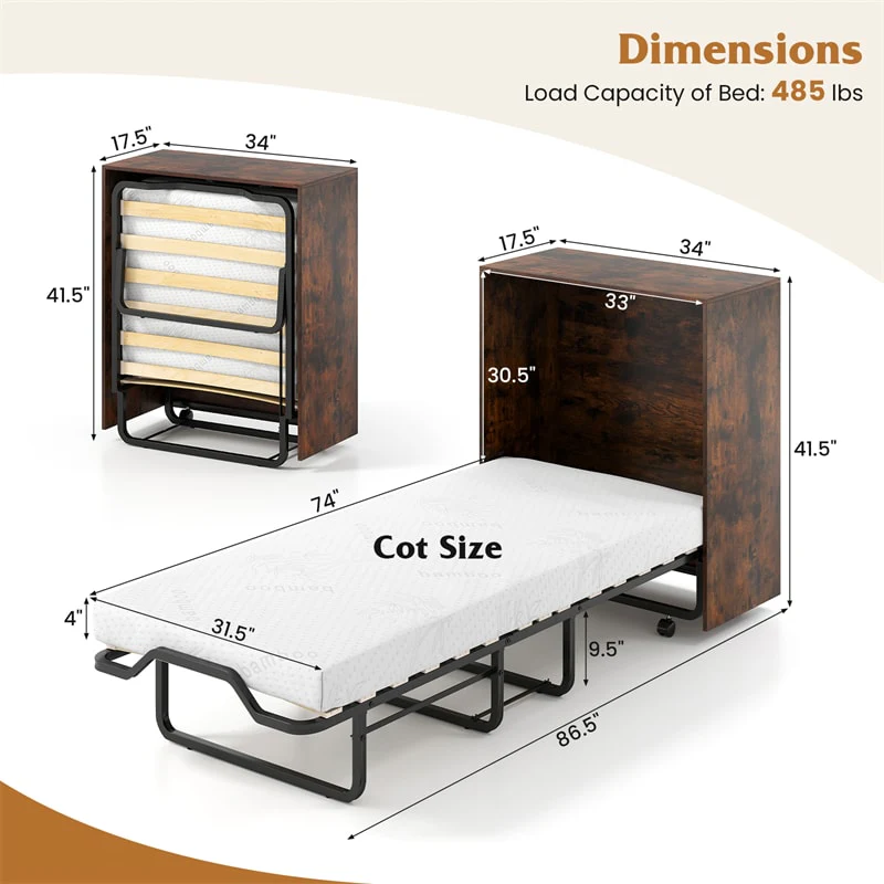 Eletriclife Cot Size Murphy Bed Cabinet with Mattress & Lockable Wheels for Adults/Guests