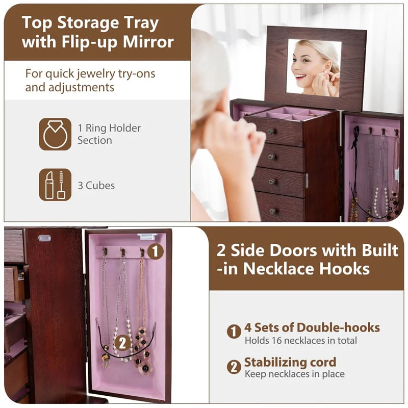 Eletriclife Standing Jewelry Armoire Cabinet with Flip Top Mirror & 4 Drawers for Bedroom