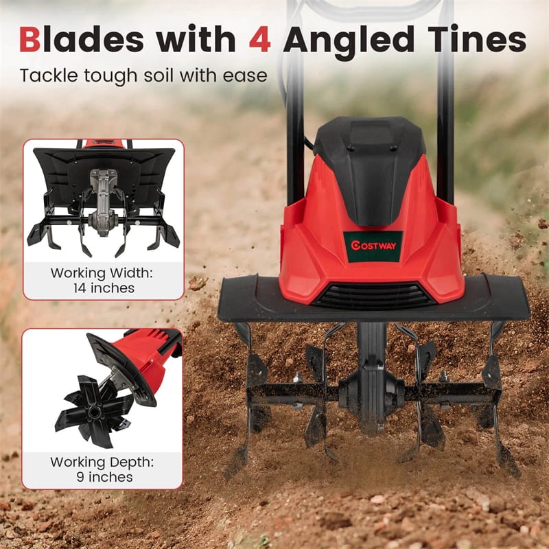 Eletriclife 14" 10 Amp Corded Electric Tiller Cultivator Foldable Handle Garden Rototiller with 9" Tilling Depth