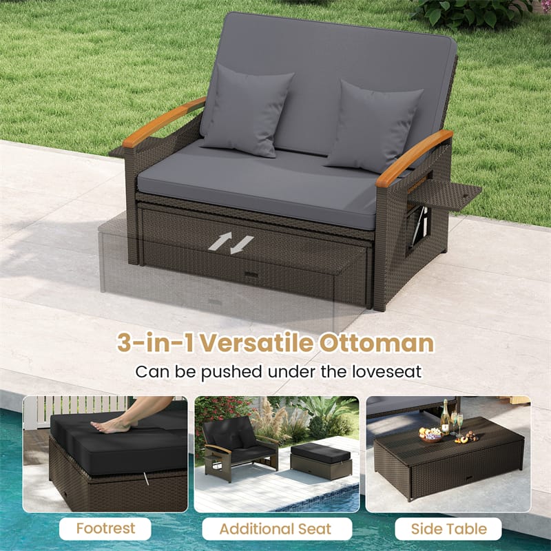 Eletriclife Adjustable Patio Rattan Daybed 2-Person Outdoor Wicker Loveseat with Storage Ottoman