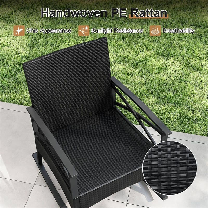 Eletriclife 3 Piece Rattan Rocking Bistro Set with Cushions & 2-Tier Glass Table for Porch, Balcony, Backyard