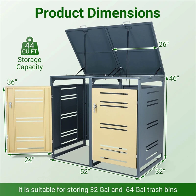 Eletriclife 44 Cu.Ft Outdoor Metal Trash Can Storage Shed Double Garbage Can Enclosure with Gas Strut & Shock Absorber for Patio, Garden & Backyad