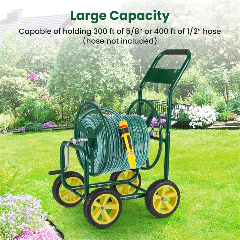 Eletriclife Heavy Duty Metal Garden Hose Reel Cart Holds 300FT of 5/8" Hose with 4 Wheels