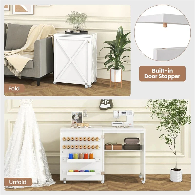 Eletriclife Folding Sewing Table Farmhouse Sewing Machine Cabinet with Barn Door, 18 Pegs & 2 Storage Trays