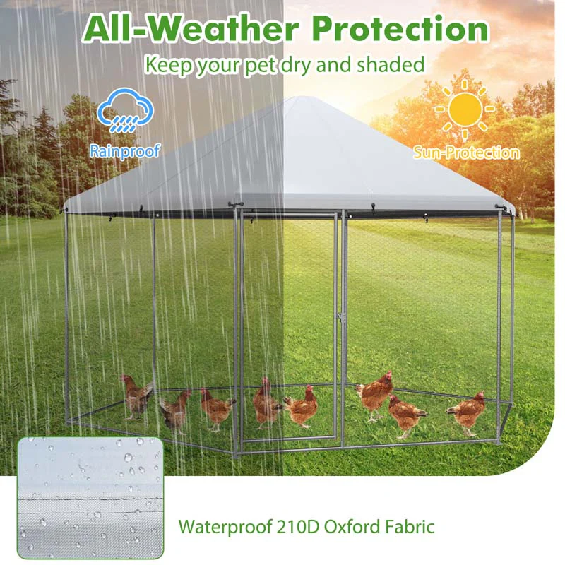 Eletriclife 13FT Large Metal Hexagonal Chicken Coop with Wire Mesh and Lockable Door