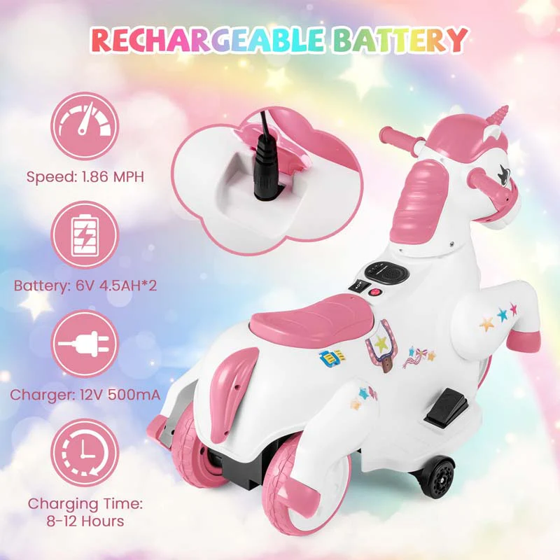 Eletriclife 12V Unicorn Ride on Toy with Training Wheels and Horse Riding Mode