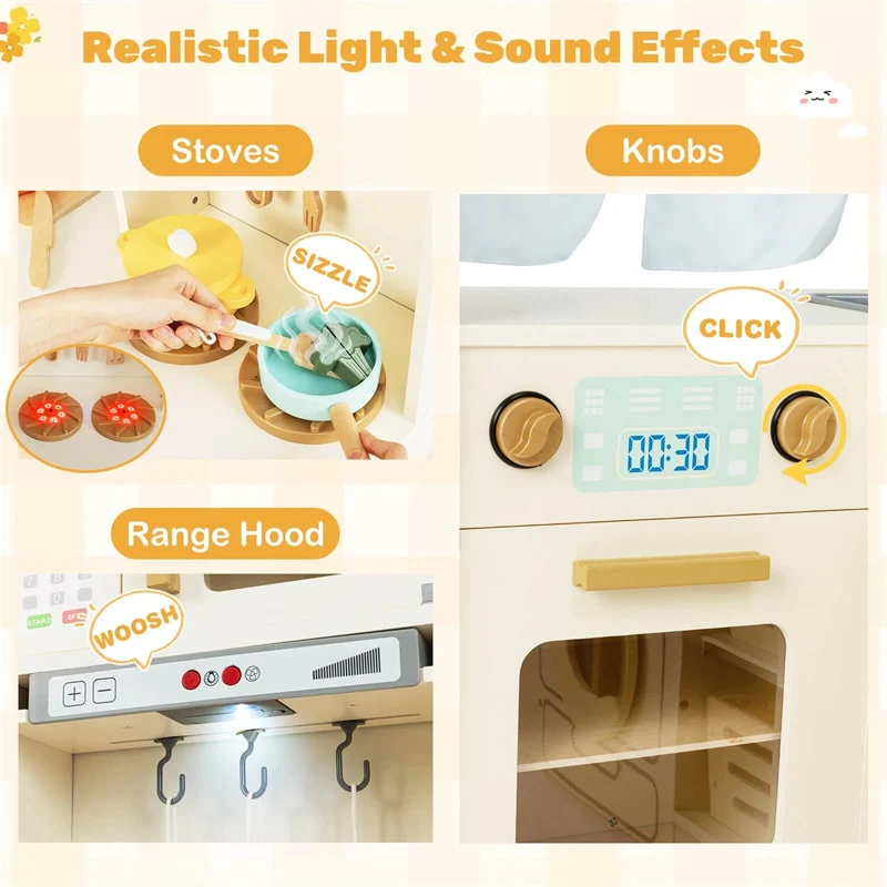 Eletriclife Corner Kids Kitchen Playset with Trash Can, Real Lights & Sounds, 2-Door Fridge