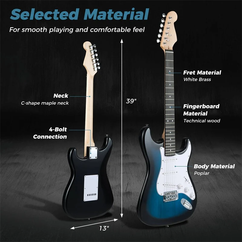 Eletriclife 39" Full Size 6 String Electric Guitar Beginner Kit with 15W AMP & SSS Pickups for Starter