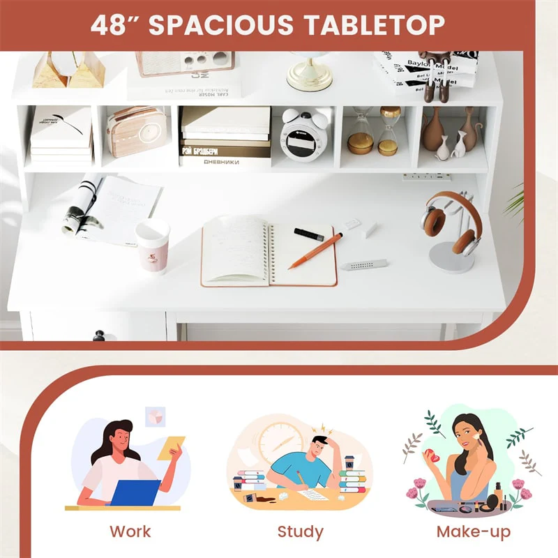 Eletriclife 48" Computer Desk with Built-in Charging Station 5-Cubby Hutch & 2 Storage Drawers for Home Office