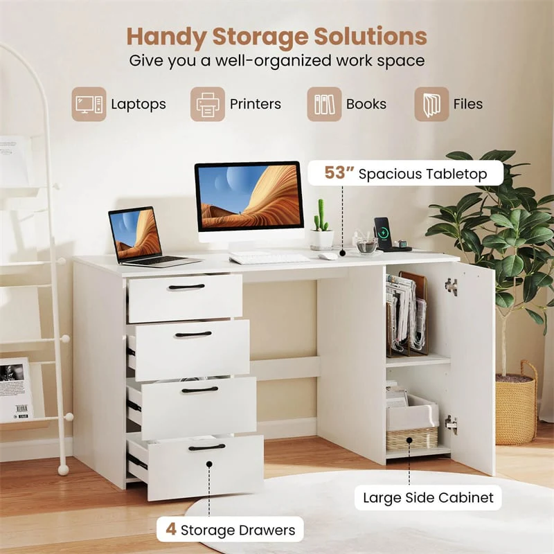 Eletriclife 53" Computer Desk with 4 Storage Drawers, Cabinet & Charging Station for Home Office Study