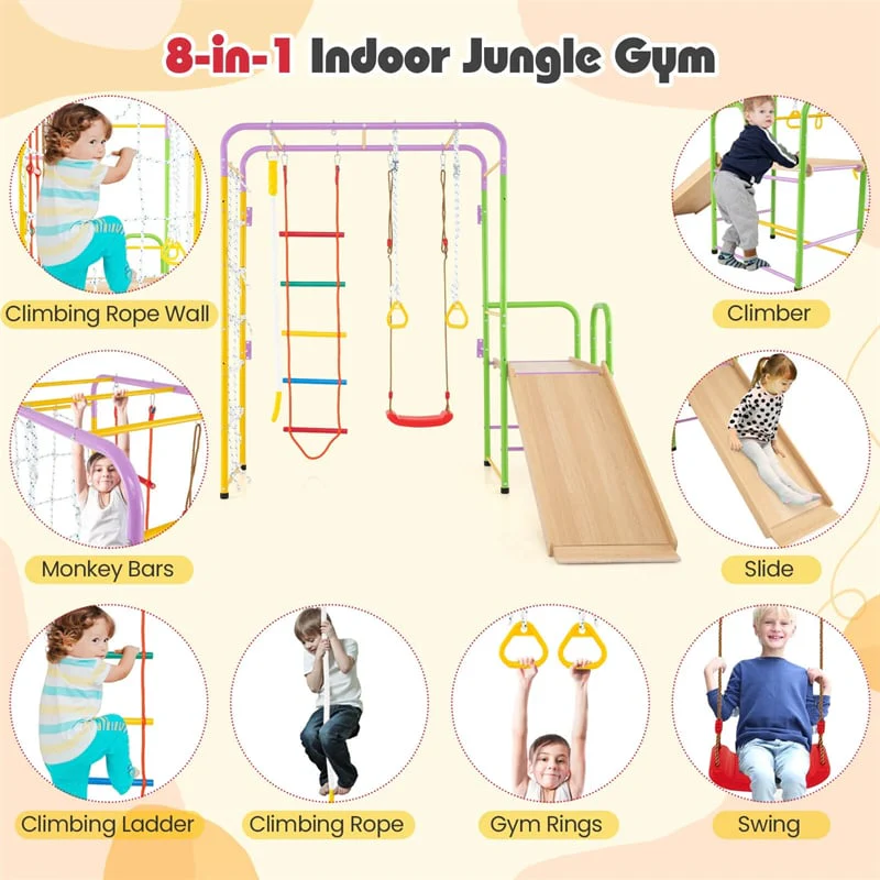 Eletriclife 8-in-1 Steel Montessori Climbing Toys Indoor Playground Jungle Gym with Slide for Toddlers & Kids