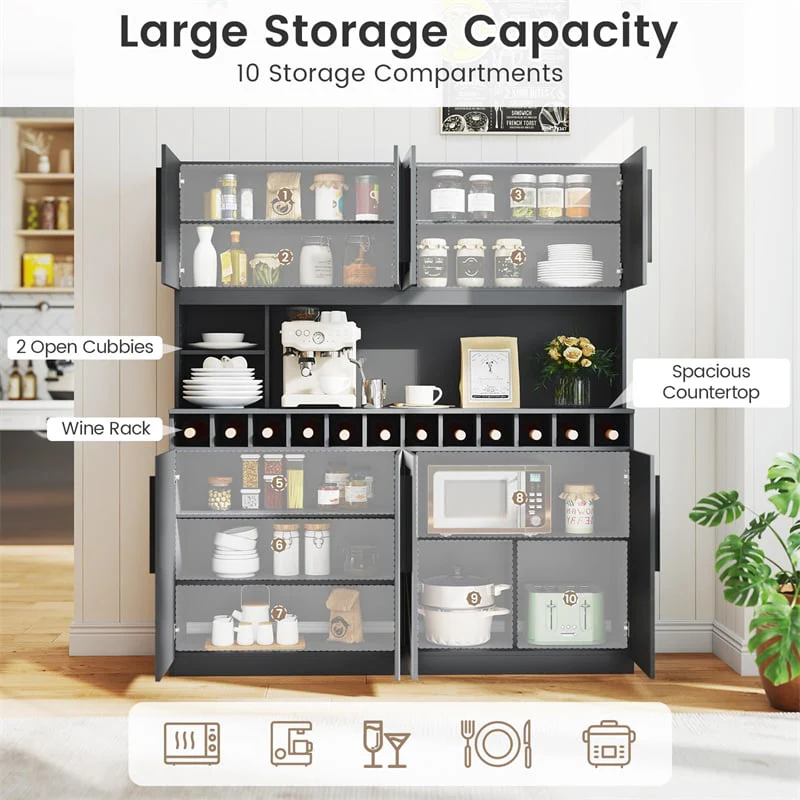 Eletriclife 70" Tall Farmhouse Pantry Cabinet Kitchen Buffet Hutch with 12-Bottle Wine Rack