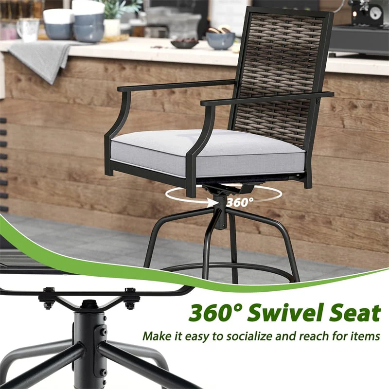 Eletriclife Outdoor PE Wicker Swivel Bar Stools Set of 2 Metal Frame with Back & Cushions