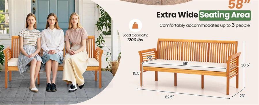 Eletriclife 62.5" 3-Person Outdoor Acacia Wood Bench with Cushion & High Backrest, 2000LBS Capacity