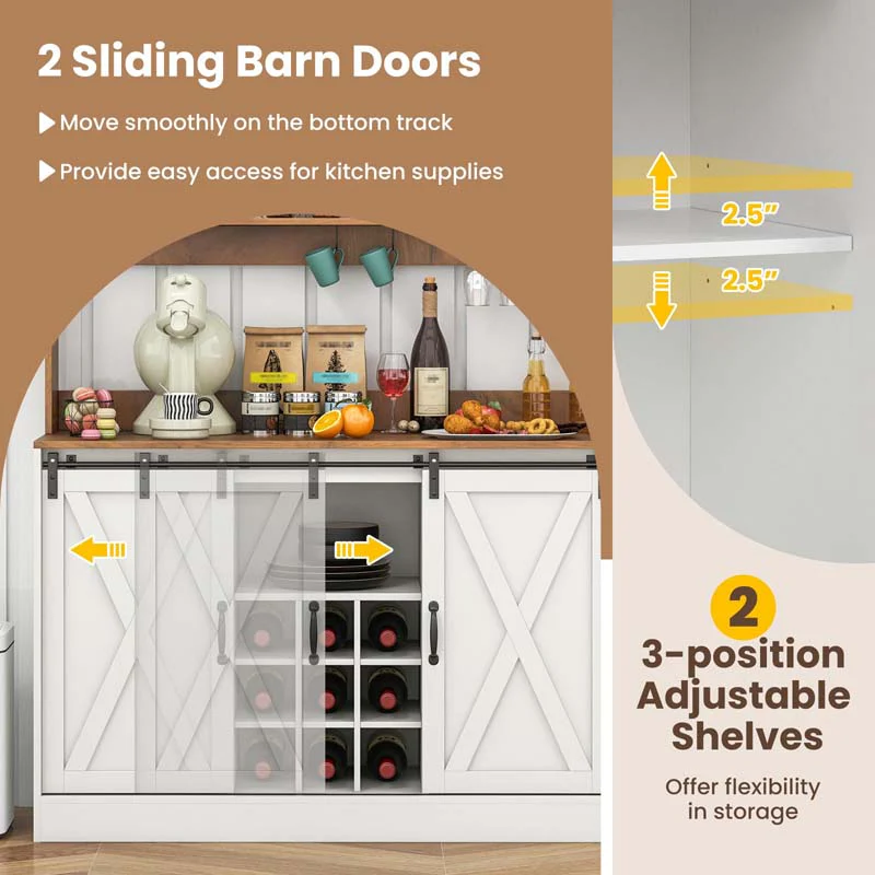 Eletriclife Farmhouse Coffee Bar Cabinet with Built-in Charging Station & 2 Sliding Barn Doors