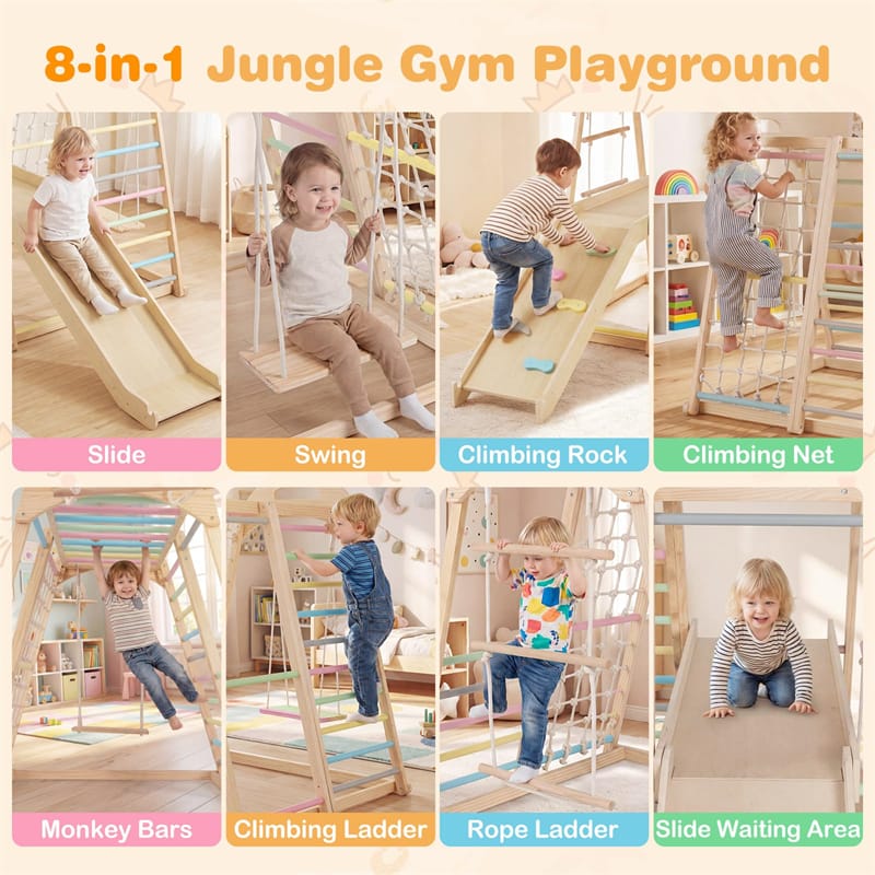 Eletriclife 8-in-1 Wooden Indoor Jungle Gym Montessori Climber Playset with Slide & Swing for Kids