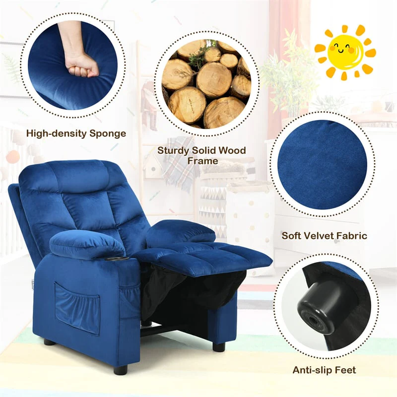 Eletriclife Kids Recliner Chair Adjustable Velvet Lounge Sofa with Cup Holders & 3 Pockets