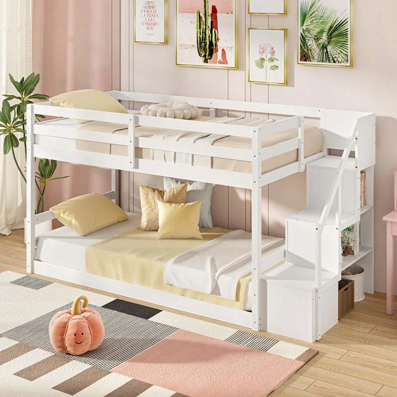 Eletriclife Twin Over Twin Low Bunk Bed Frame with Storage Stairs