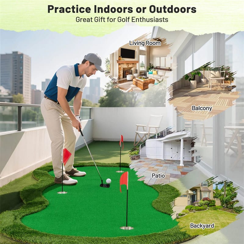Eletriclife 10FT x 5FT Golf Putting Green Indoor Outdoor Professional Golf Practice Mat with 3 Holes