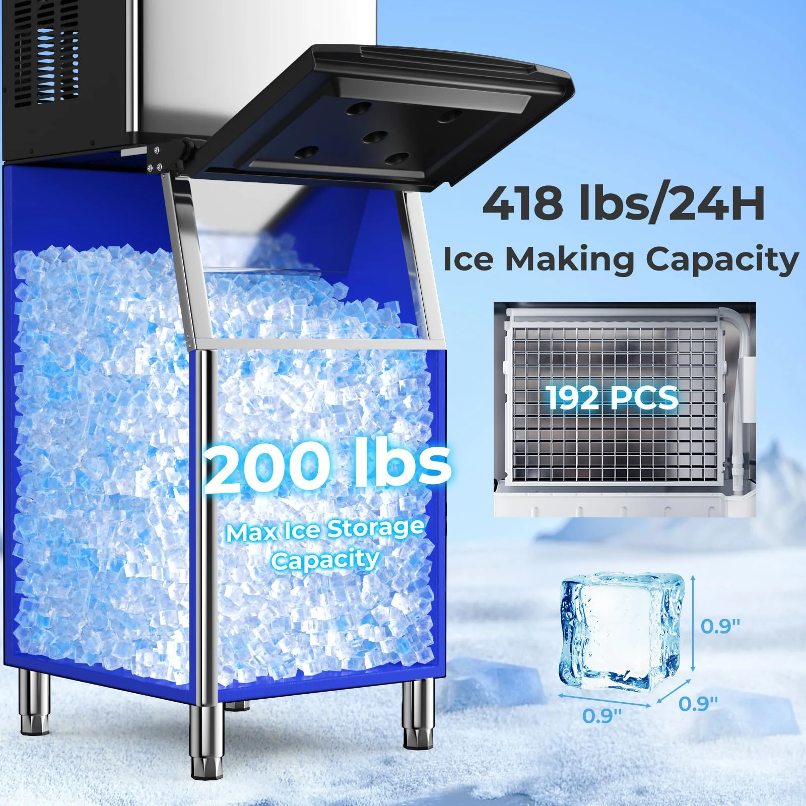 Eletriclife Commercial Ice Maker Machine 418 LBS/24H with 200 LBS Storage Bin
