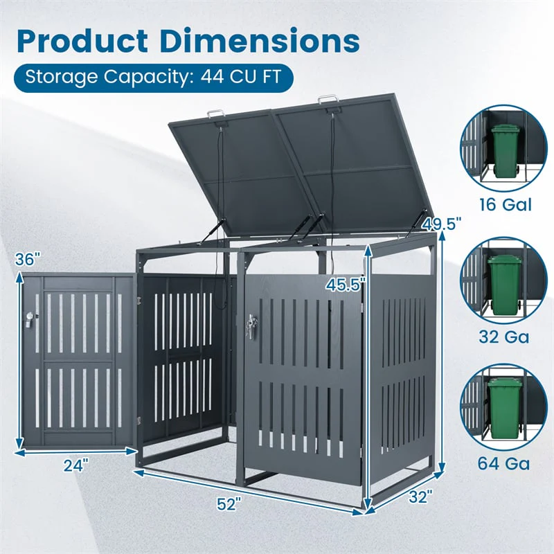 Eletriclife 44 Cu.Ft Outdoor Metal Trash Can Storage Shed for 2 Bins with Gas Struts & Lockable Dual Doors
