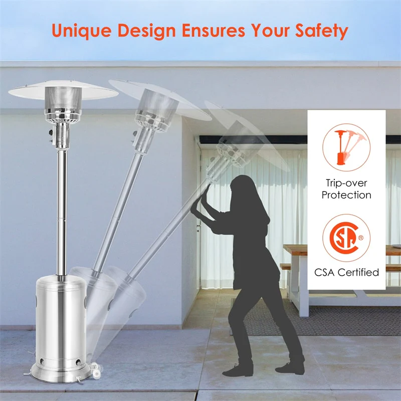 Eletriclife 50,000 BTU Propane Patio Heater Standing Stainless Steel Outdoor Heater with Wheels