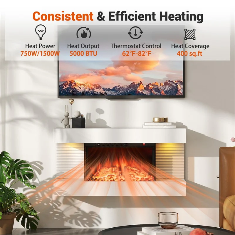 Eletriclife 32"/50" Floating Fireplace Mantel with 18" 3-Sided Electric Fireplace