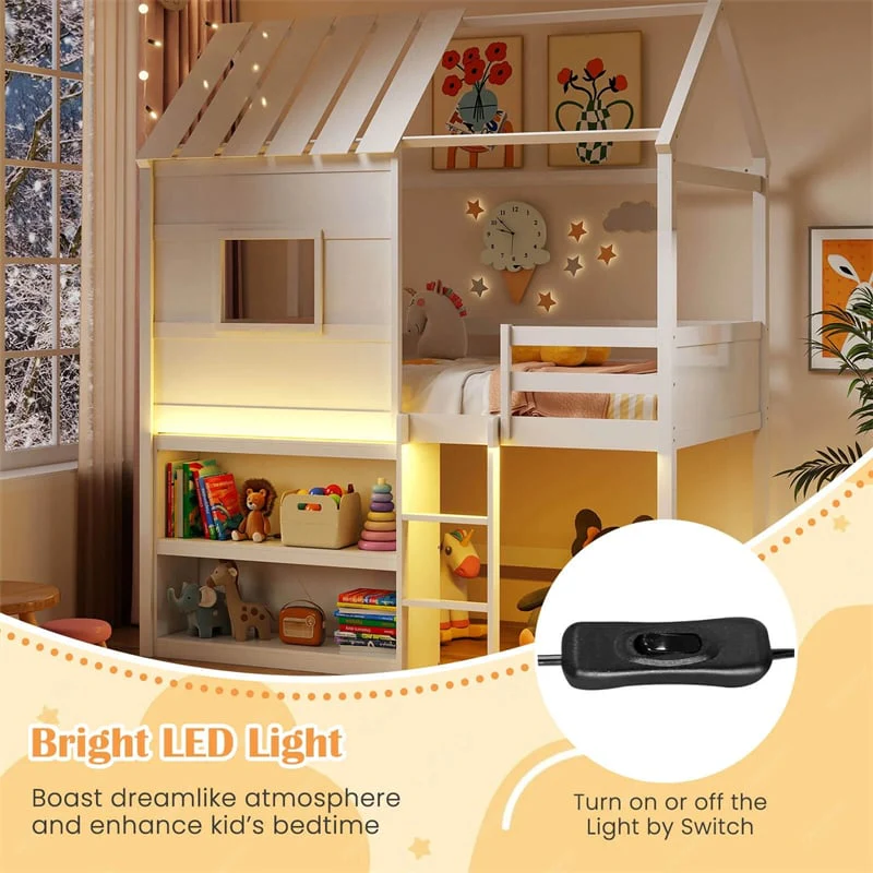 Eletriclife Twin Loft Bed with LED Lights, Kids House Bed with Roof & Window