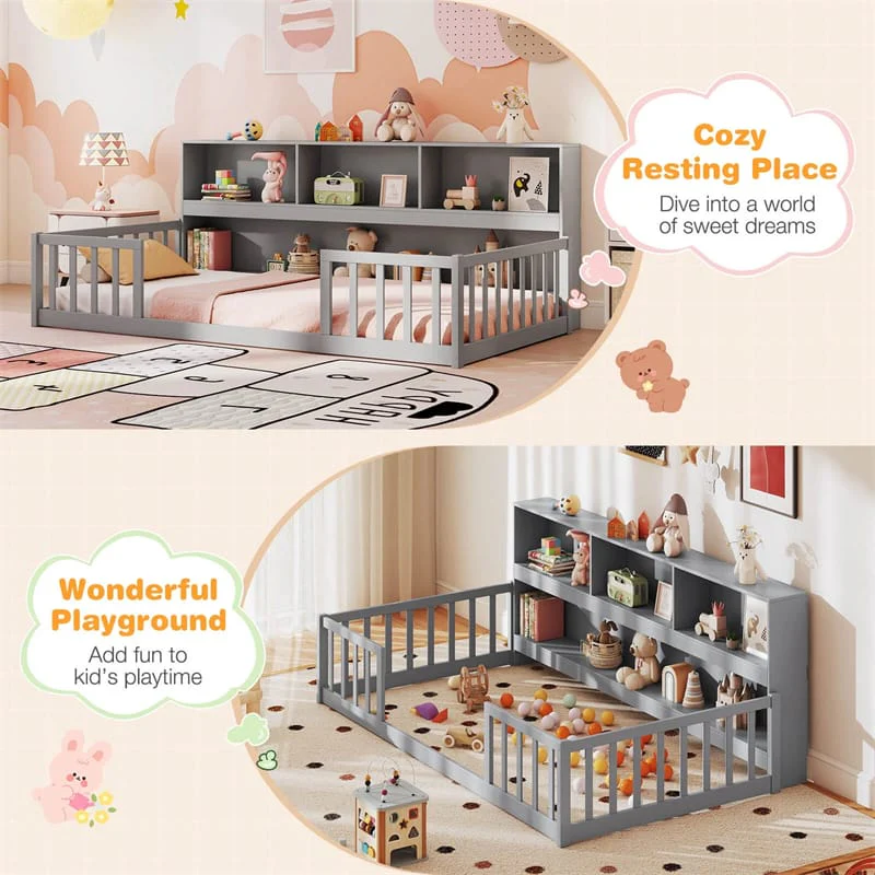 Eletriclife Twin Montessori Floor Bed with Bookcase & Safety Fence Rails for Kids