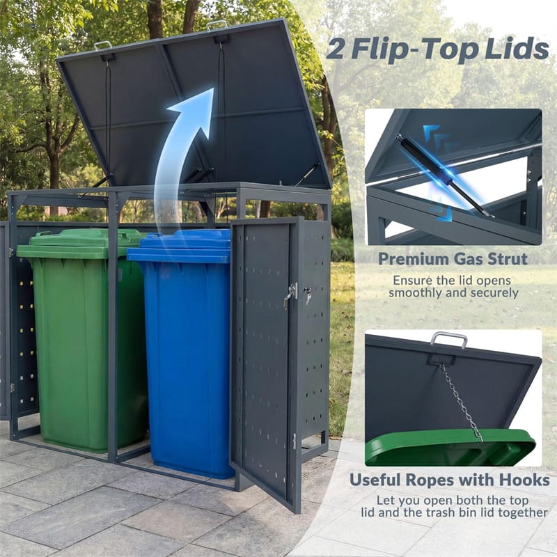 Eletriclife Outdoor Metal Garbage Bin Storage Shed for 2 Trash Cans with Gas Struts open