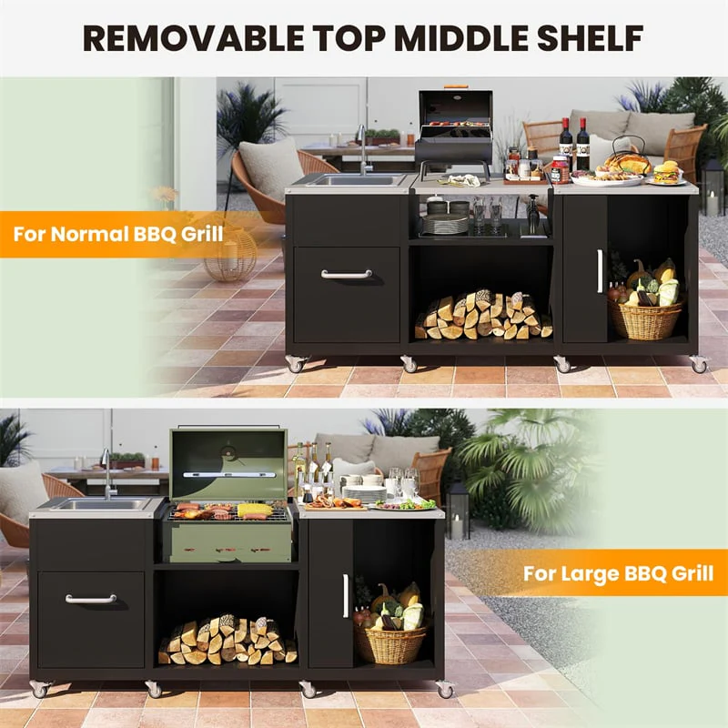 Eletriclife 80" Outdoor Grill Table Heavy Duty Metal Grill Cart with Sink & Stainless Steel Countertop