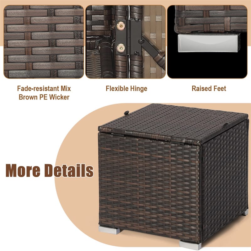 2PCS Wicker Outdoor Storage Ottomans with Removable Cushions, Multipurpose PE Rattan Footrest Side Table Seating for Patio Poolside Backyard